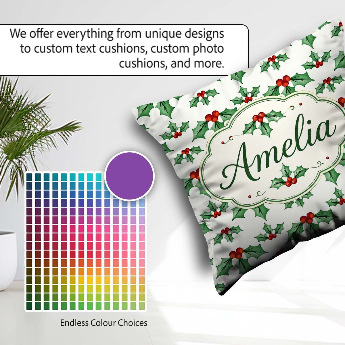 Custom Name Classic Leaves Red Berries Festive Seamless Pattern Square Filled Cushion Throw Pillow Sofa Bed Home Decor Zip Washable UK Made