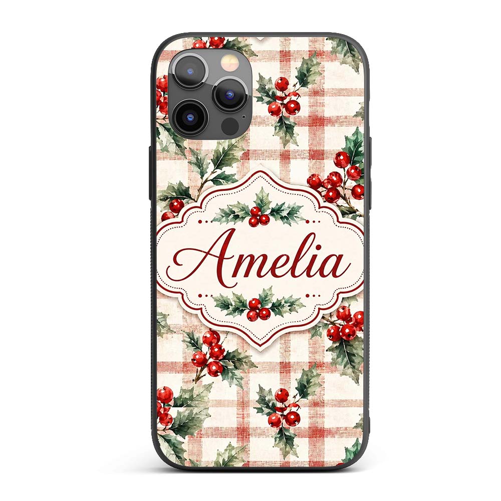 Watercolor Holly Berry Plaid Background Seamless Custom Name Protective Phone Case Mobile Cover Durable Everyday Smartphone Shock Resistant