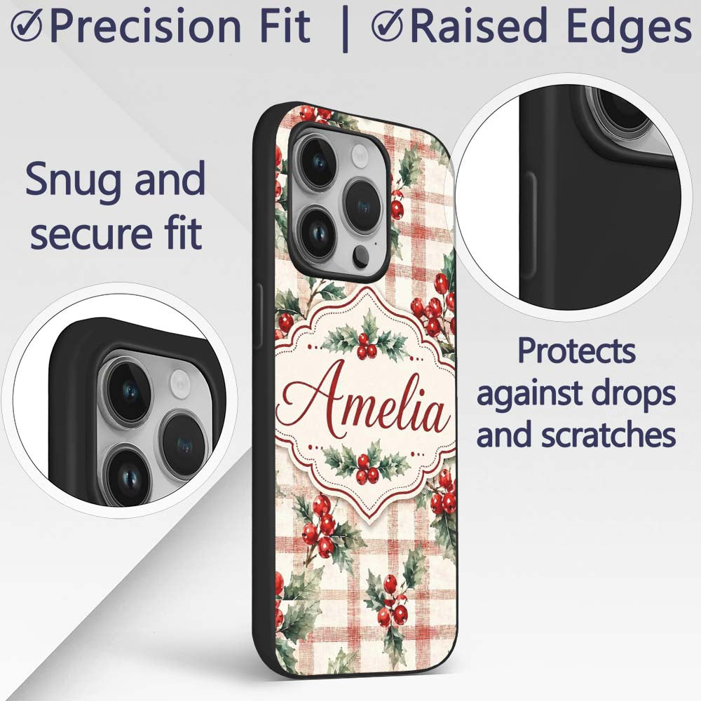 Watercolor Holly Berry Plaid Background Seamless Custom Name Protective Phone Case Mobile Cover Durable Everyday Smartphone Shock Resistant