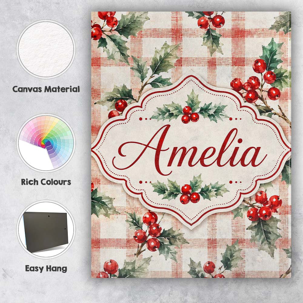 Personalised Name Watercolor Holly Berry Custom Unique Gift Idea Elegant Feature Canvas Wall Art Print Decor Picture Ready to Hang