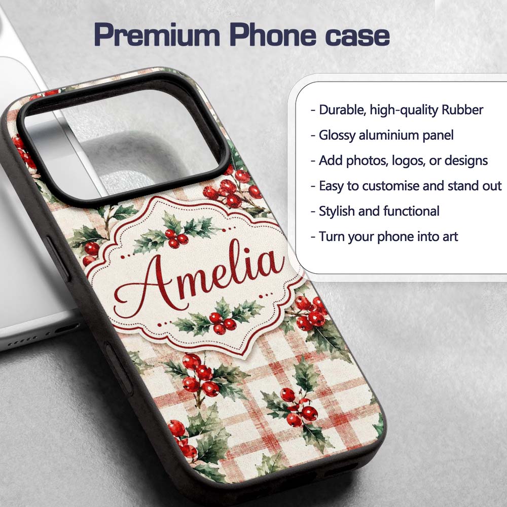 Watercolor Holly Berry Plaid Background Seamless Custom Name Protective Phone Case Mobile Cover Durable Everyday Smartphone Shock Resistant
