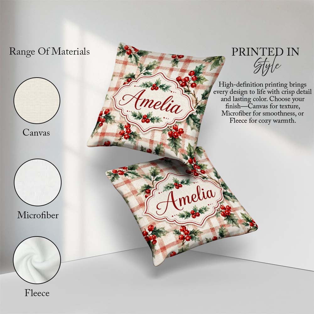 Custom Name Watercolor Holly Berry Plaid Seamless Pattern Lovely Square Filled Cushion Throw Pillow Sofa Bed Home Decor Zip Washable UK Made