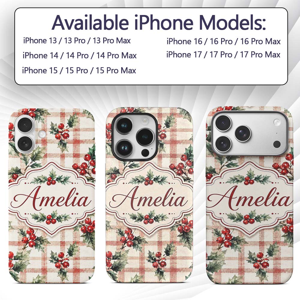 Watercolor Holly Berry Plaid Background Seamless Custom Name Protective Phone Case Mobile Cover Durable Everyday Smartphone Shock Resistant