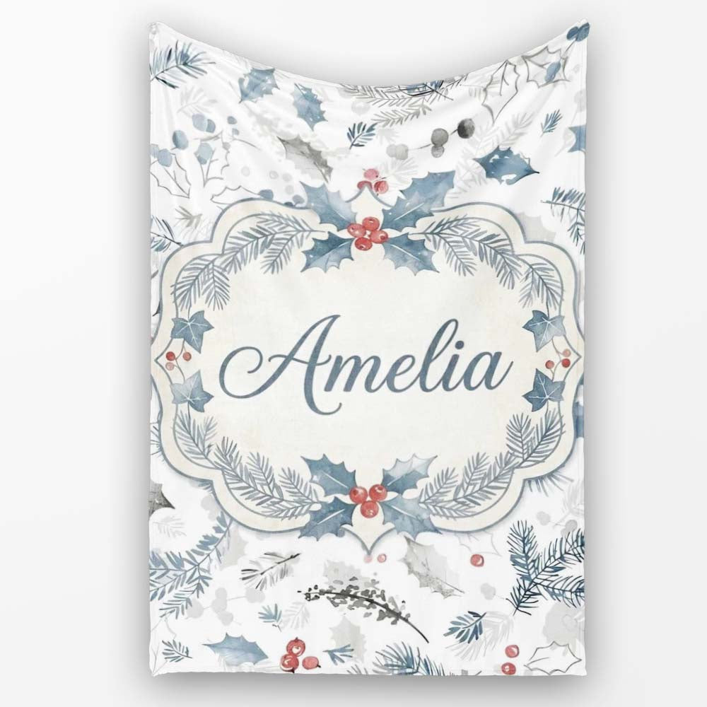 Winter Botanical Leaves Pine Branch Blue Tones Seamless Pattern Personalised Custom Name Super Soft Fleece Blanket Bed Sofa Throw