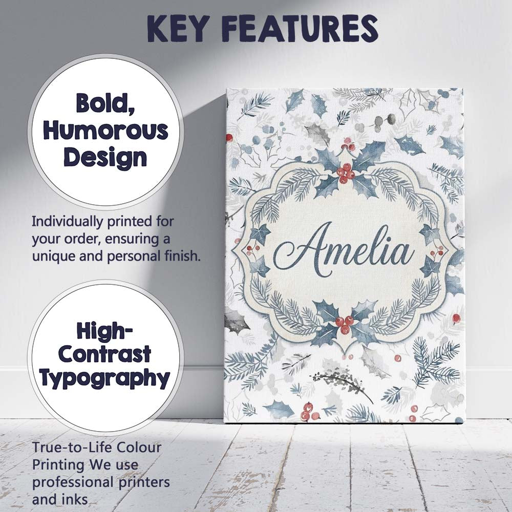 Personalised Name Winter Botanical Leaves Custom Unique Gift Idea Elegant Feature Canvas Wall Art Print Decor Picture Ready to Hang