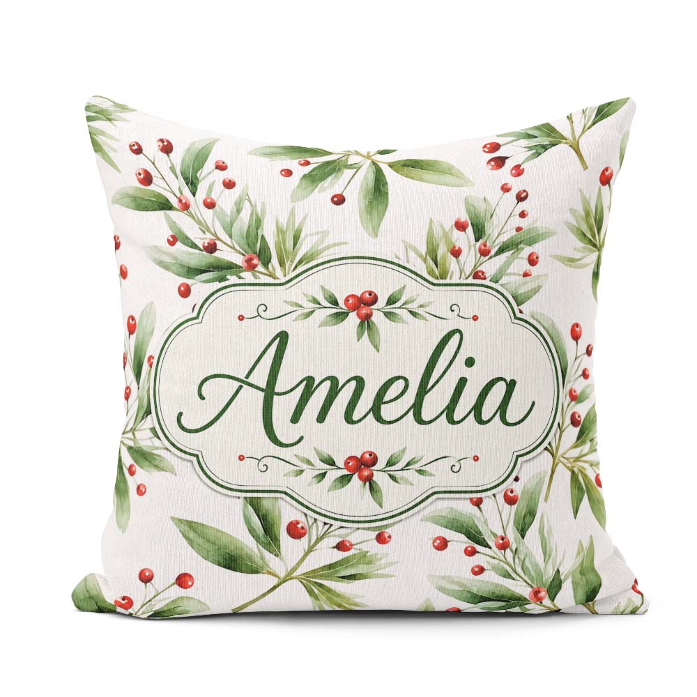 Custom Name Green Leaves Red Botanical Elegant Seamless Pattern Square Filled Cushion Throw Pillow Sofa Bed Home Decor Zip Washable UK Made