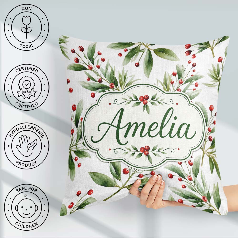 Custom Name Green Leaves Red Botanical Elegant Seamless Pattern Square Filled Cushion Throw Pillow Sofa Bed Home Decor Zip Washable UK Made