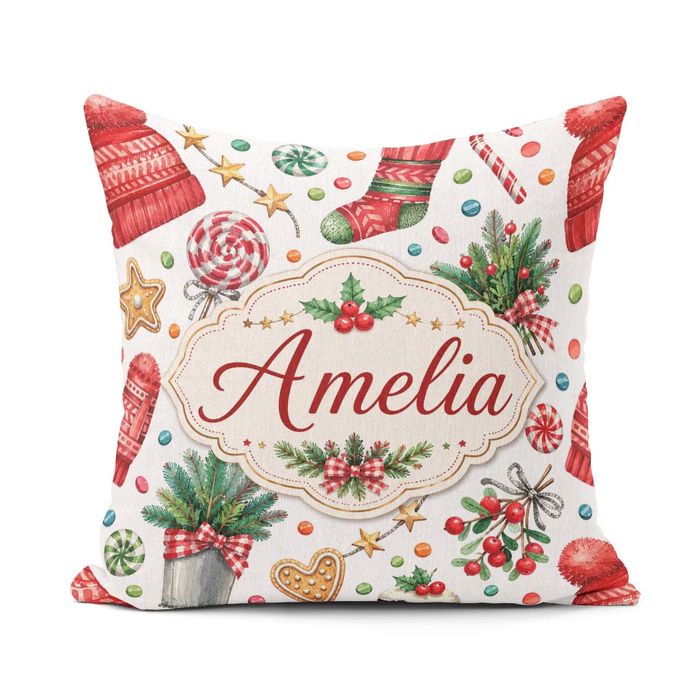 Custom Name Festive Cane Cupcake Sweets Holiday Seamless Pattern Square Filled Cushion Throw Pillow Sofa Bed Home Decor Zip Washable UK Made