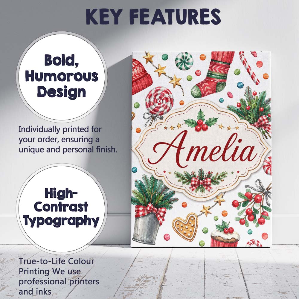 Personalised Name Festive Candy Cane Custom Premium Decorative Design Modern Room Accent Canvas Wall Art Print Decor Picture Ready to Hang