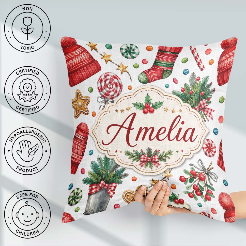 Custom Name Festive Cane Cupcake Sweets Holiday Seamless Pattern Square Filled Cushion Throw Pillow Sofa Bed Home Decor Zip Washable UK Made