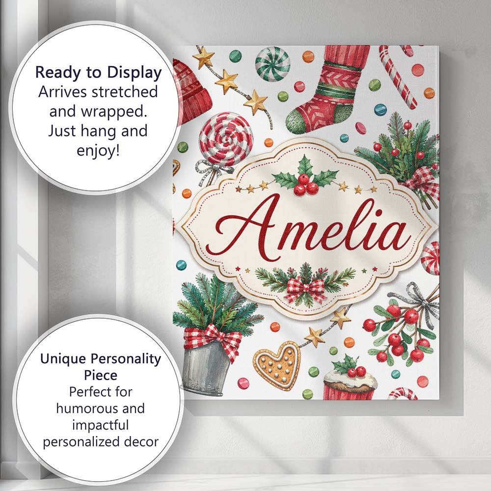 Personalised Name Festive Candy Cane Custom Premium Decorative Design Modern Room Accent Canvas Wall Art Print Decor Picture Ready to Hang