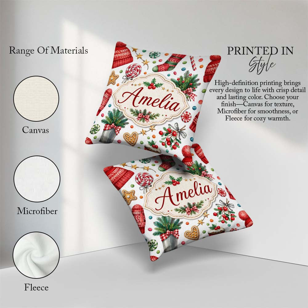 Custom Name Festive Cane Cupcake Sweets Holiday Seamless Pattern Square Filled Cushion Throw Pillow Sofa Bed Home Decor Zip Washable UK Made