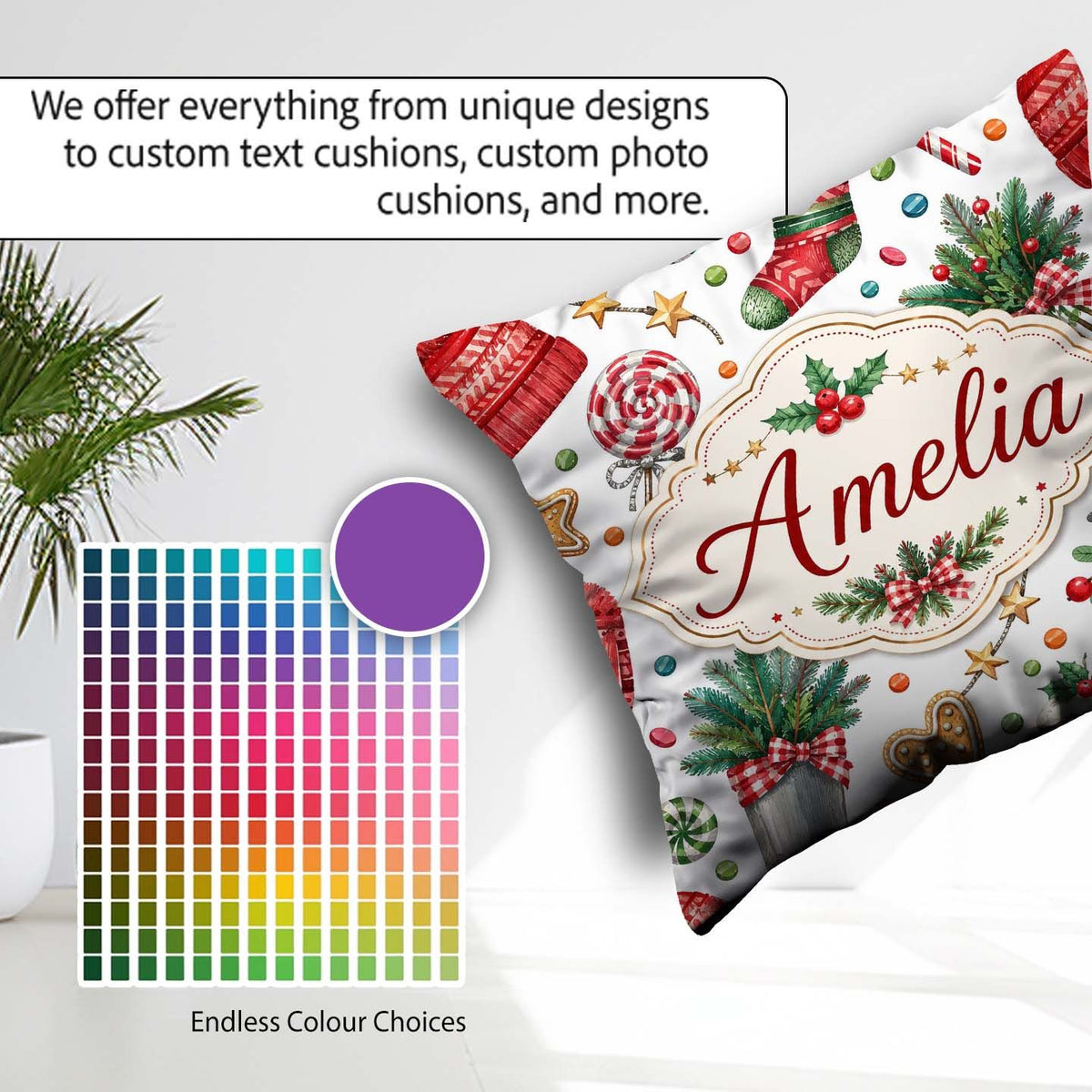 Custom Name Festive Cane Cupcake Sweets Holiday Seamless Pattern Square Filled Cushion Throw Pillow Sofa Bed Home Decor Zip Washable UK Made