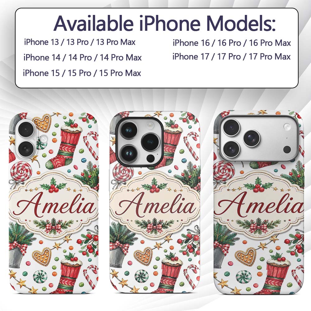 Festive Candy Cane Cupcake Sweets Printed Design Custom Name Protective Phone Case Mobile Cover Durable Everyday Smartphone Shock Resistant