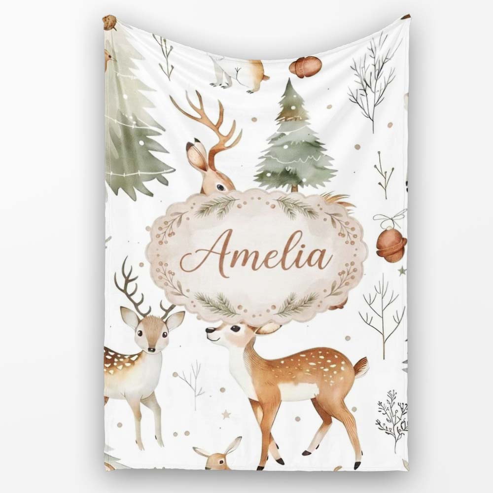 Woodland Deer Forest Trees Cute Winter Seamless Pattern Lovely Personalised Custom Name Super Soft Fleece Blanket Bed Sofa Throw