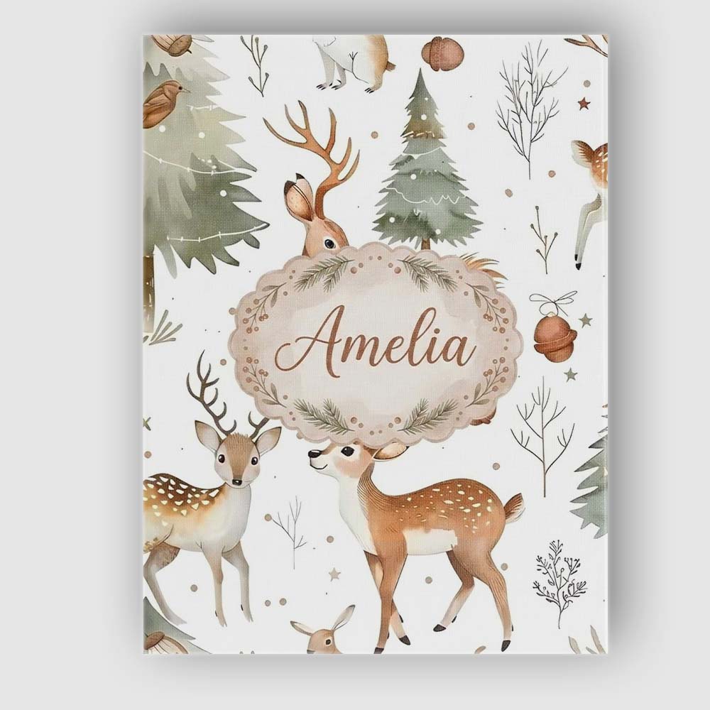 Personalised Name Woodland Deer Forest Custom Modern Room Accent Elegant Feature Canvas Wall Art Print Decor Picture Ready to Hang