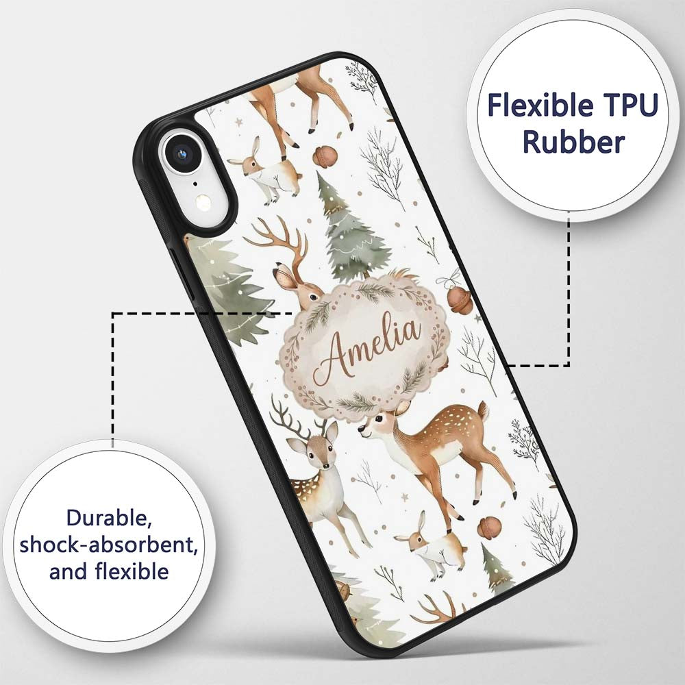 Woodland Deer Forest Trees Cute Winter Seamless Custom Name Protective Phone Case Mobile Cover Durable Everyday Smartphone Shock Resistant