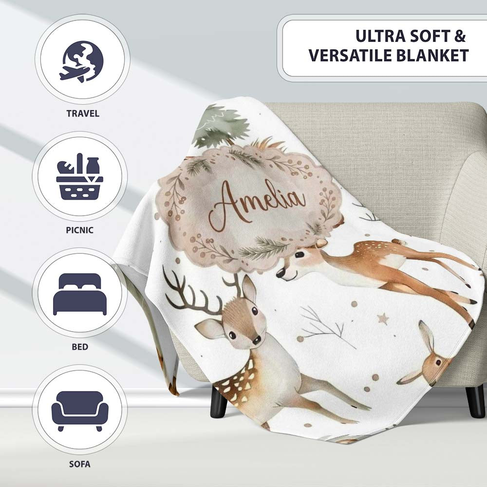 Woodland Deer Forest Trees Cute Winter Seamless Pattern Lovely Personalised Custom Name Super Soft Fleece Blanket Bed Sofa Throw