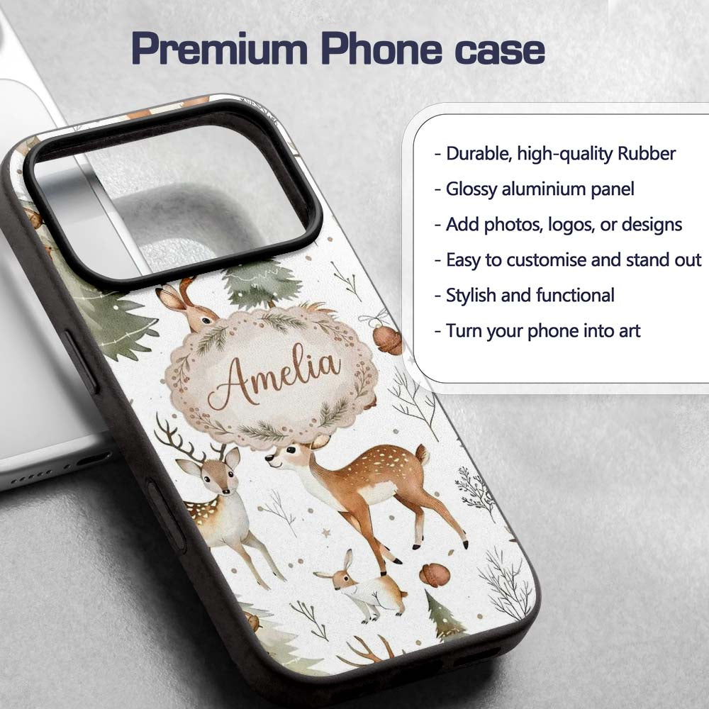 Woodland Deer Forest Trees Cute Winter Seamless Custom Name Protective Phone Case Mobile Cover Durable Everyday Smartphone Shock Resistant