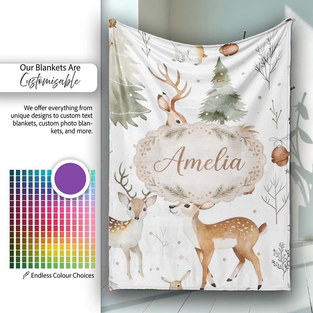 Woodland Deer Forest Trees Cute Winter Seamless Pattern Lovely Personalised Custom Name Super Soft Fleece Blanket Bed Sofa Throw