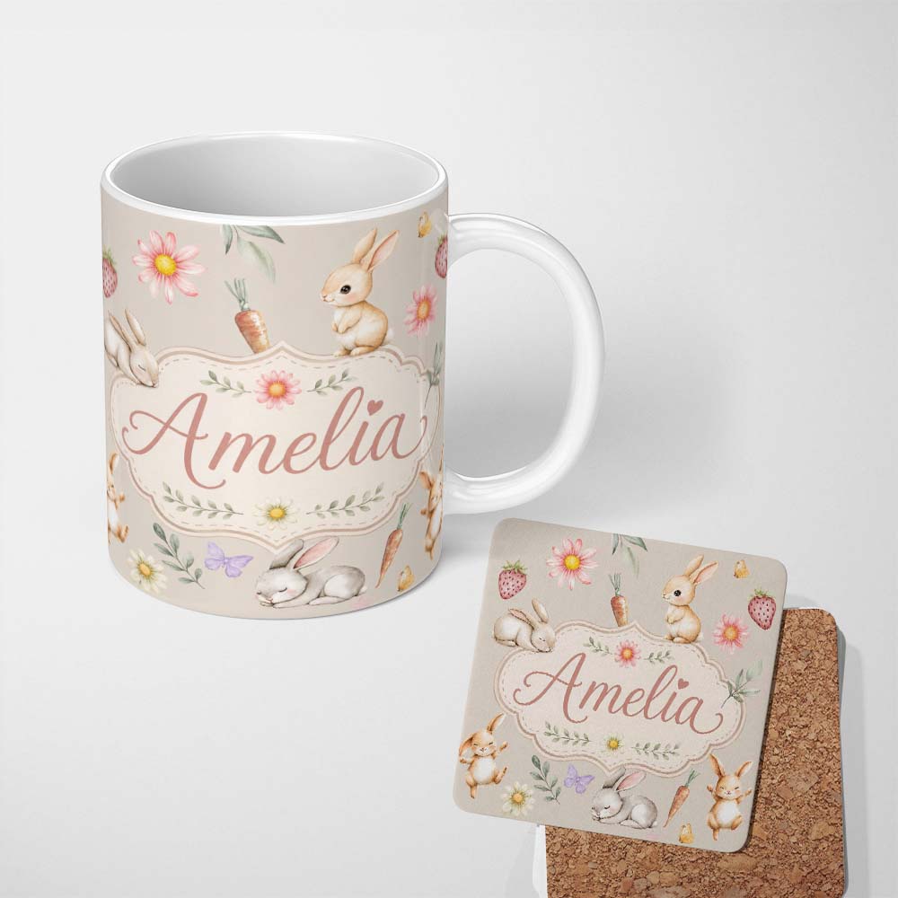 Personalized Custom Name Cute Easter Bunnies with Flowers Carrots Soft Beige Background 11oz Ceramic Coffee Tea Mug White Large Handle
