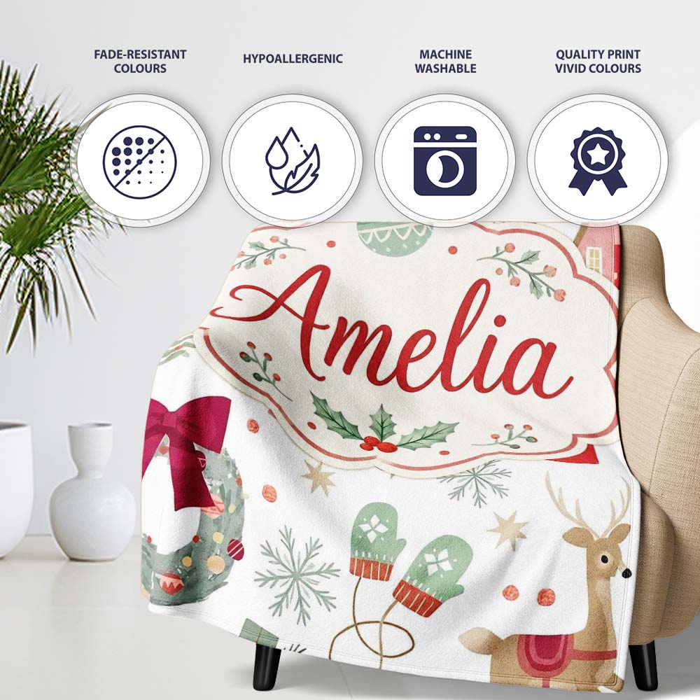 Cozy Christmas Gifts Stocking Holiday Seamless Pattern Lovely Personalised Custom Name Super Soft Fleece Blanket Bed Sofa Throw