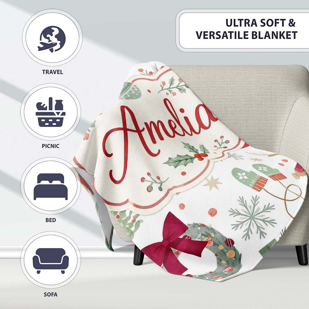 Cozy Christmas Gifts Stocking Holiday Seamless Pattern Lovely Personalised Custom Name Super Soft Fleece Blanket Bed Sofa Throw