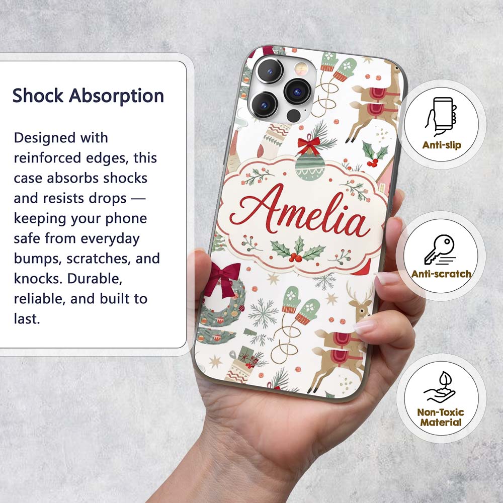 Cozy Christmas Gifts Stocking Holiday Seamless Custom Name Protective Phone Case Mobile Cover Durable Everyday Smartphone Shock Resistant