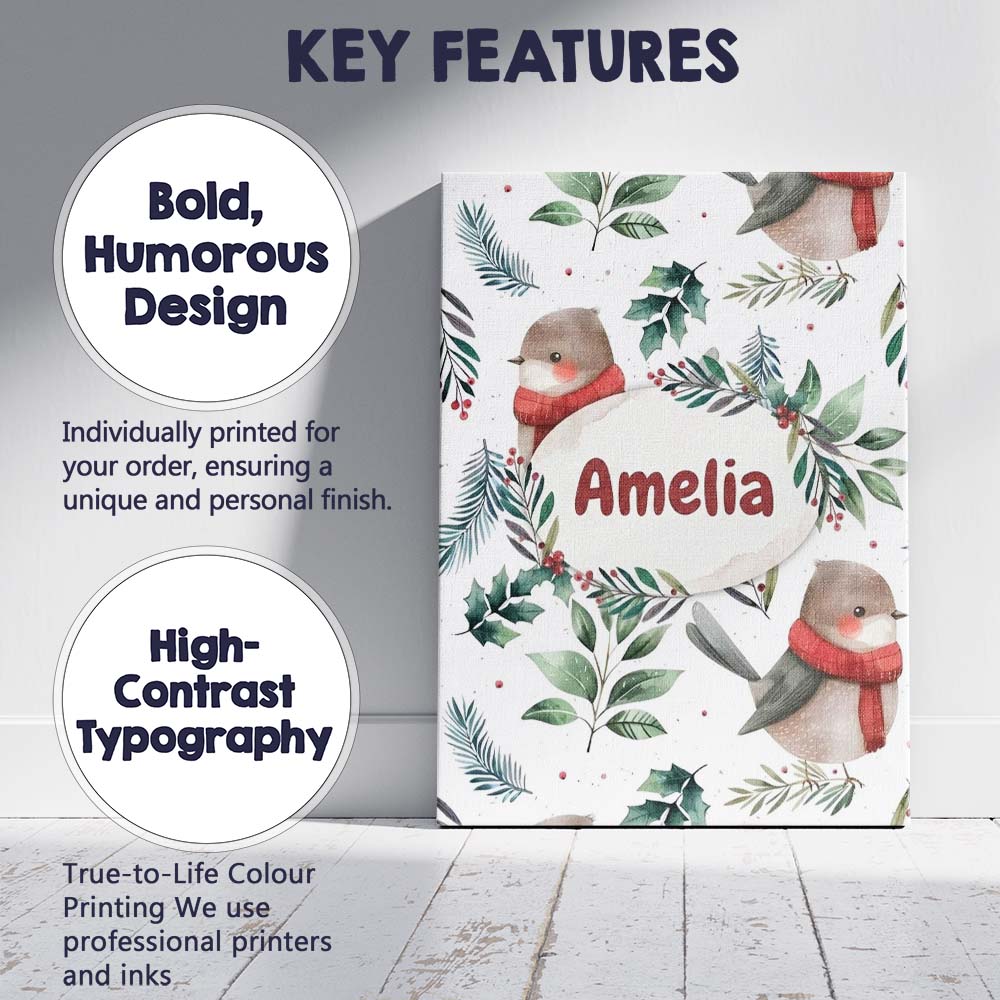 Personalised Name Cute Winter Birds with Custom Unique Gift Idea Elegant Feature Canvas Wall Art Print Decor Picture Ready to Hang