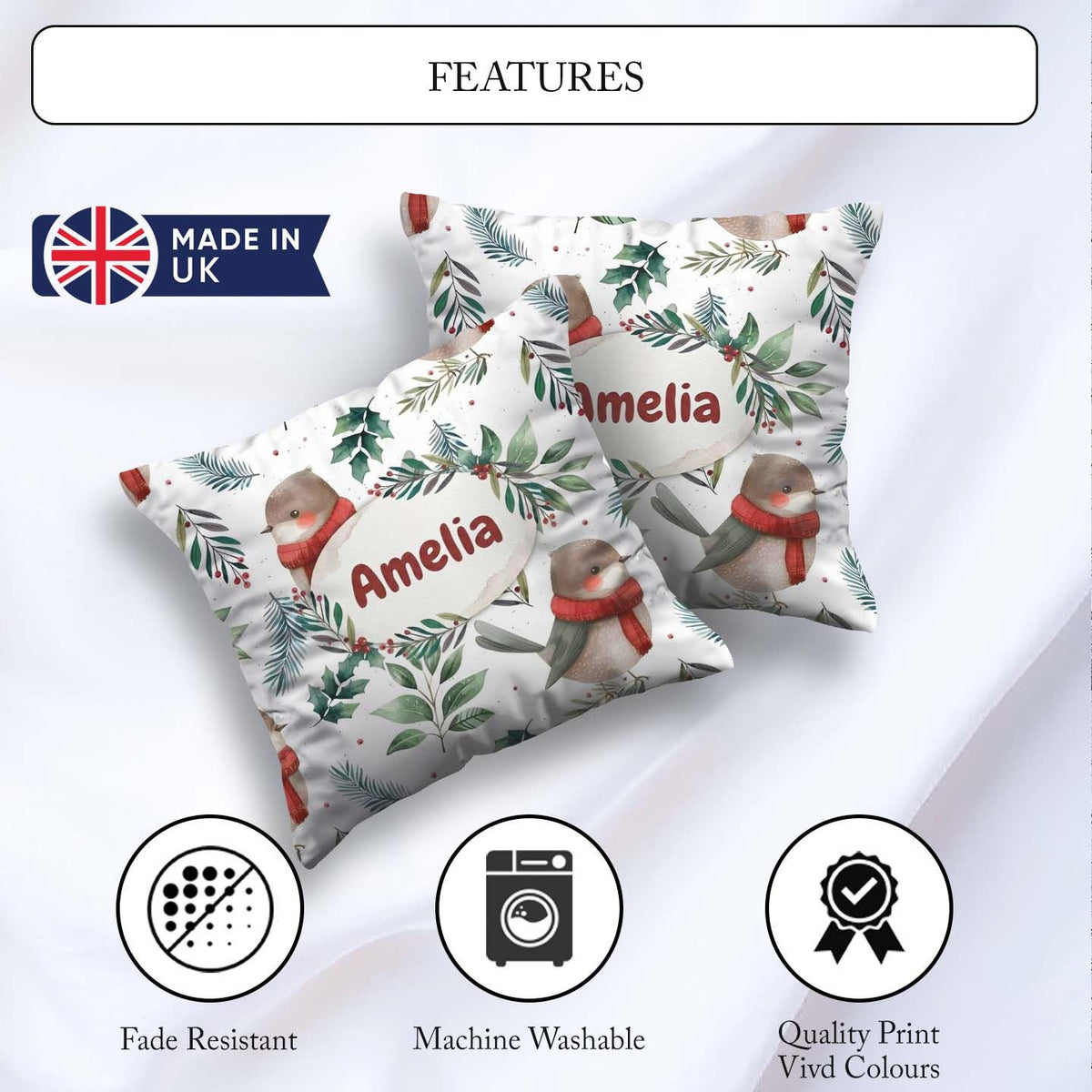 Custom Name Winter Birds with Scarf and Botanical Leaves Pattern Square Filled Cushion Throw Pillow Sofa Bed Home Decor Zip Washable UK Made