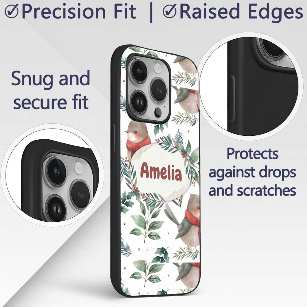 Cute Winter Birds with Scarf and Botanical Leaves Custom Name Protective Phone Case Mobile Cover Durable Everyday Smartphone Shock Resistant