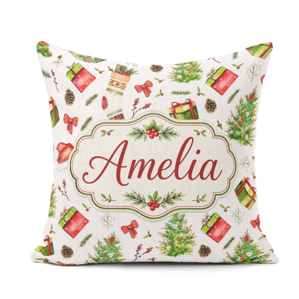 Custom Name Christmas Gifts Bow Festive Holiday Seamless Pattern Square Filled Cushion Throw Pillow Sofa Bed Home Decor Zip Washable UK Made