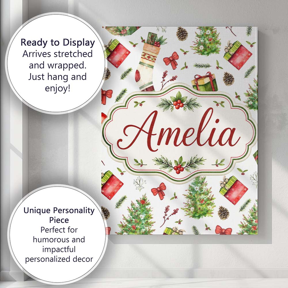 Personalised Name Christmas Gifts Tree Bow Custom Unique Gift Idea Elegant Feature Canvas Wall Art Print Decor Picture Ready to Hang