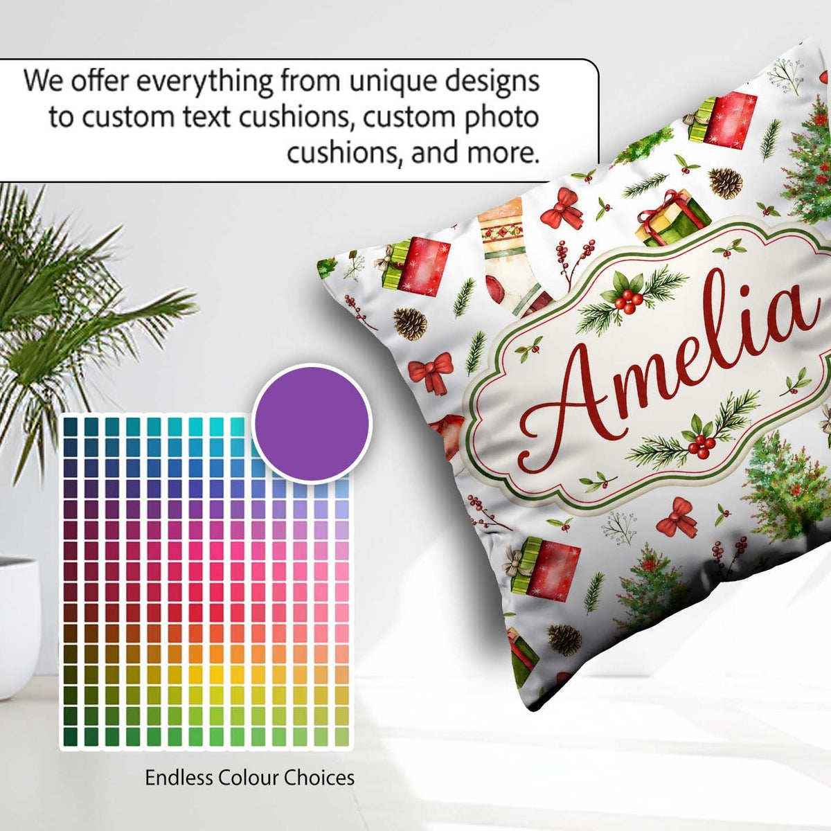 Custom Name Christmas Gifts Bow Festive Holiday Seamless Pattern Square Filled Cushion Throw Pillow Sofa Bed Home Decor Zip Washable UK Made
