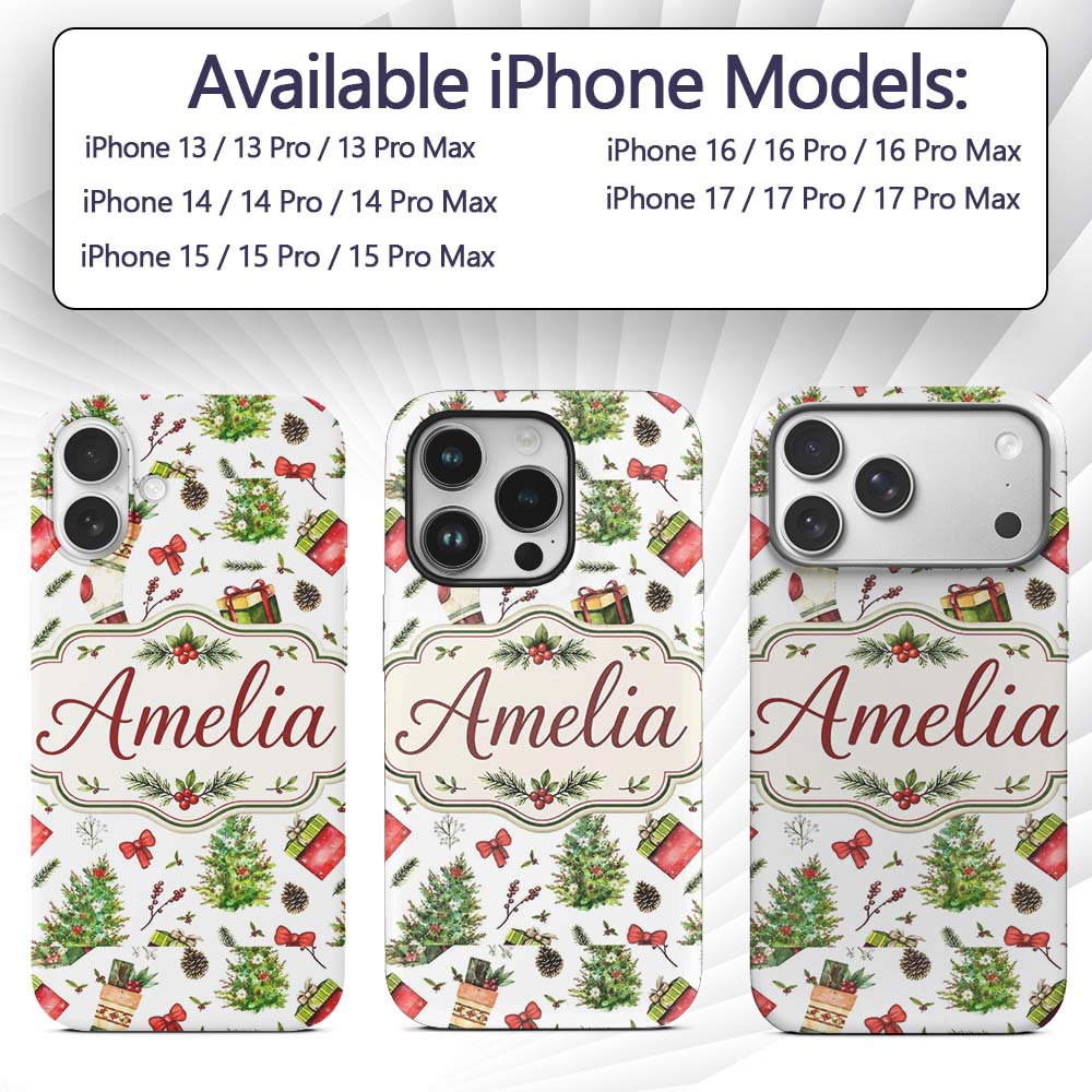 Christmas Gifts Tree Bow Festive Holiday Seamless Custom Name Protective Phone Case Mobile Cover Durable Everyday Smartphone Shock Resistant