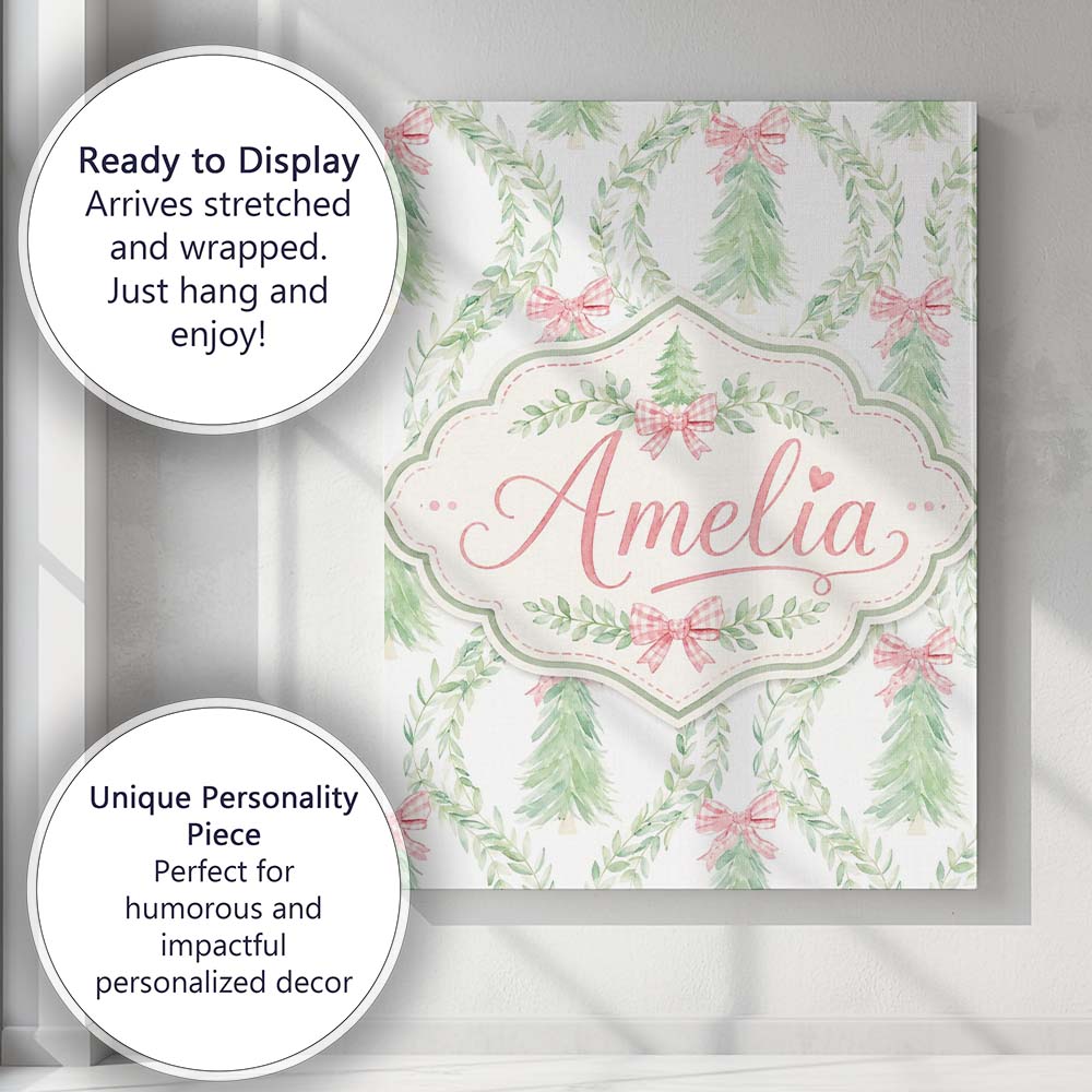 Personalised Name Pastel Green Wreath Custom Modern Room Accent Creative Decorator Style Canvas Wall Art Print Decor Picture Ready to Hang