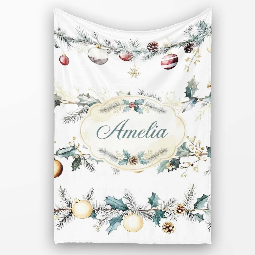 Elegant Christmas Garland Baubles Pine Branch Seamless Pattern Personalised Custom Name Super Soft Fleece Blanket Bed Sofa Throw