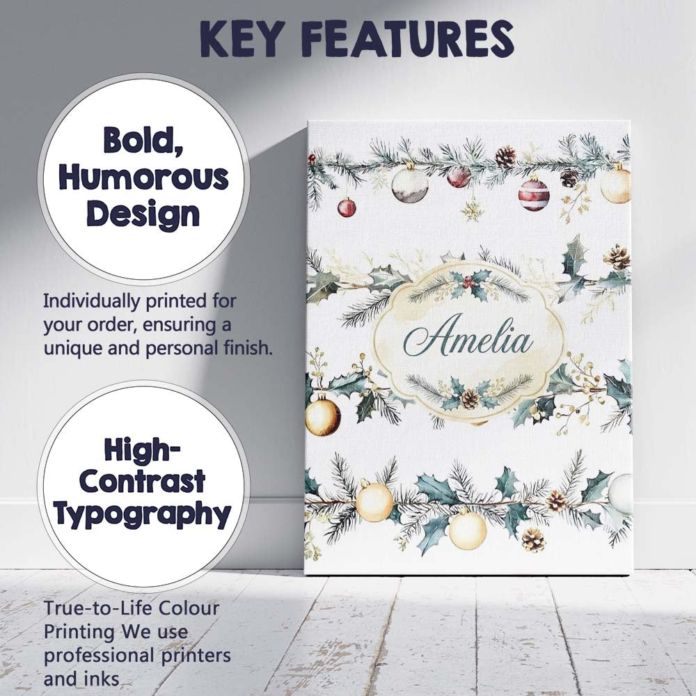 Personalised Name Elegant Christmas Garland Custom Bespoke Interior Contemporary Canvas Wall Art Print Decor Picture Ready to Hang