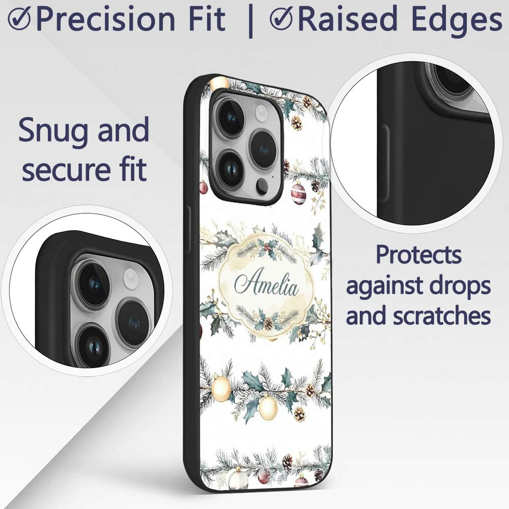 Elegant Christmas Garland Baubles Pine Branch Custom Name Protective Phone Case Mobile Cover Durable Everyday Smartphone Shock Resistant