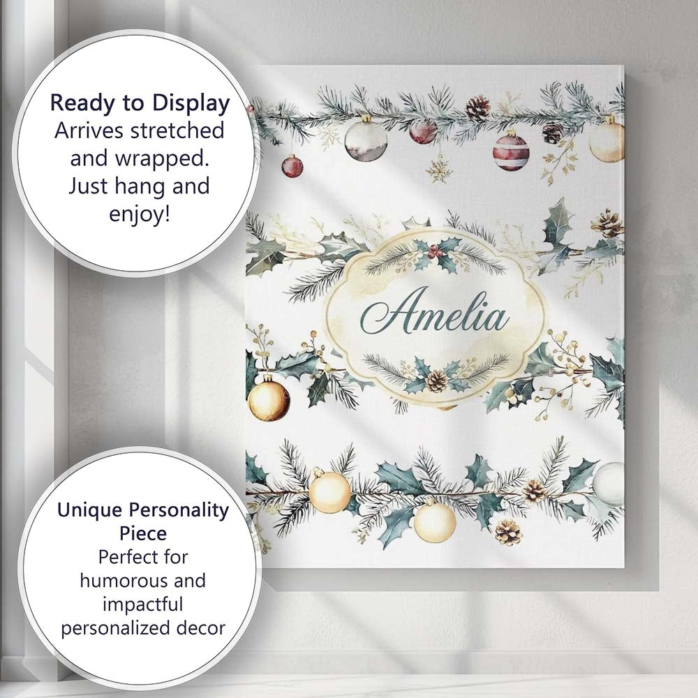 Personalised Name Elegant Christmas Garland Custom Bespoke Interior Contemporary Canvas Wall Art Print Decor Picture Ready to Hang