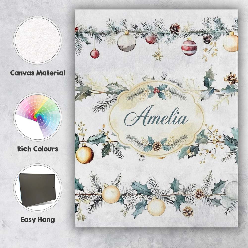Personalised Name Elegant Christmas Garland Custom Bespoke Interior Contemporary Canvas Wall Art Print Decor Picture Ready to Hang