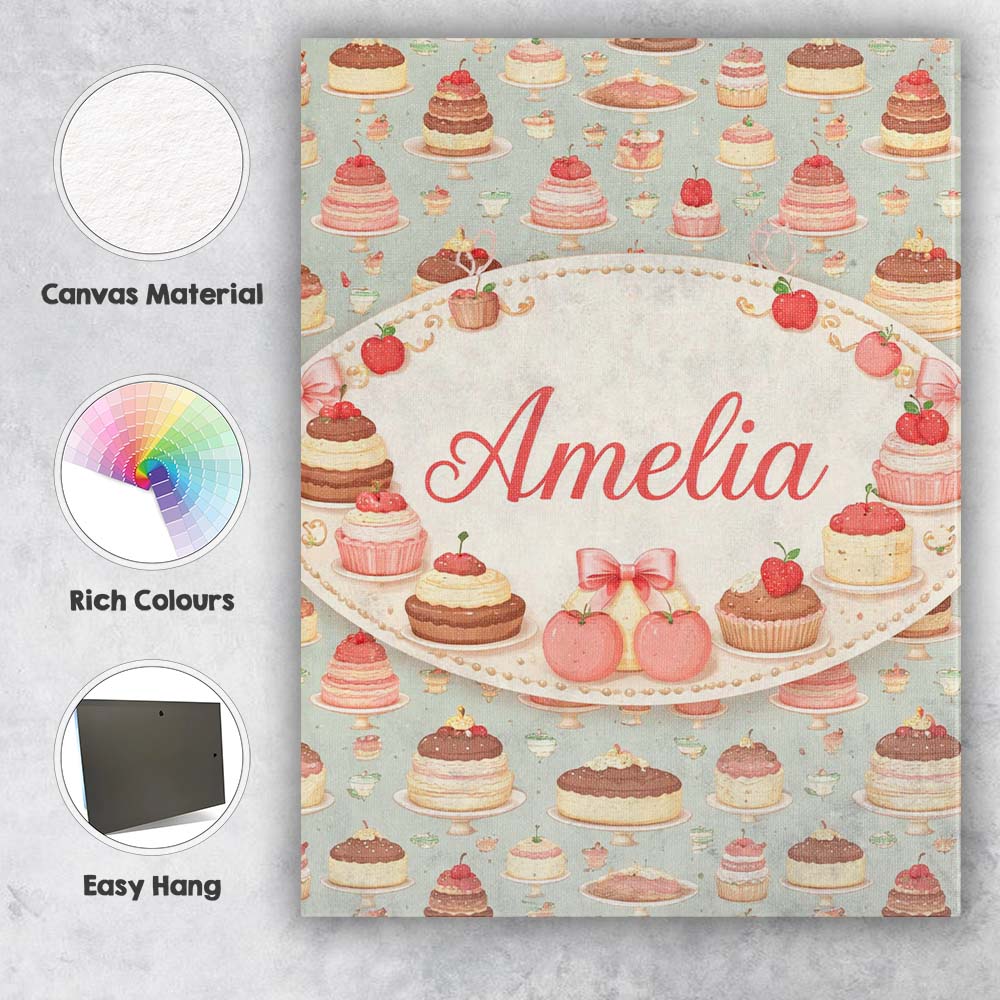 Personalised Name Pastel Cake Slice Seamless Pattern Cute Dessert Custom Bespoke Canvas Wall Art Print Decor Picture Ready to Hang