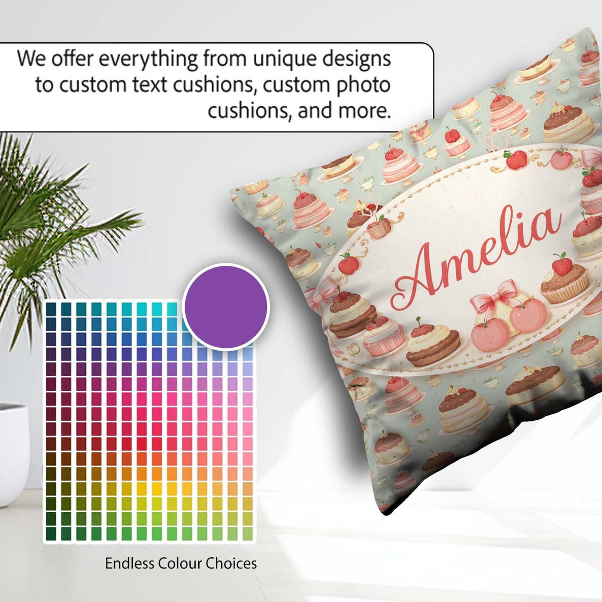 Custom Name Pastel Cake Slice Seamless Pattern Sweet Food Design Square Filled Cushion Throw Pillow Sofa Bed Home Decor Zip Washable UK Made