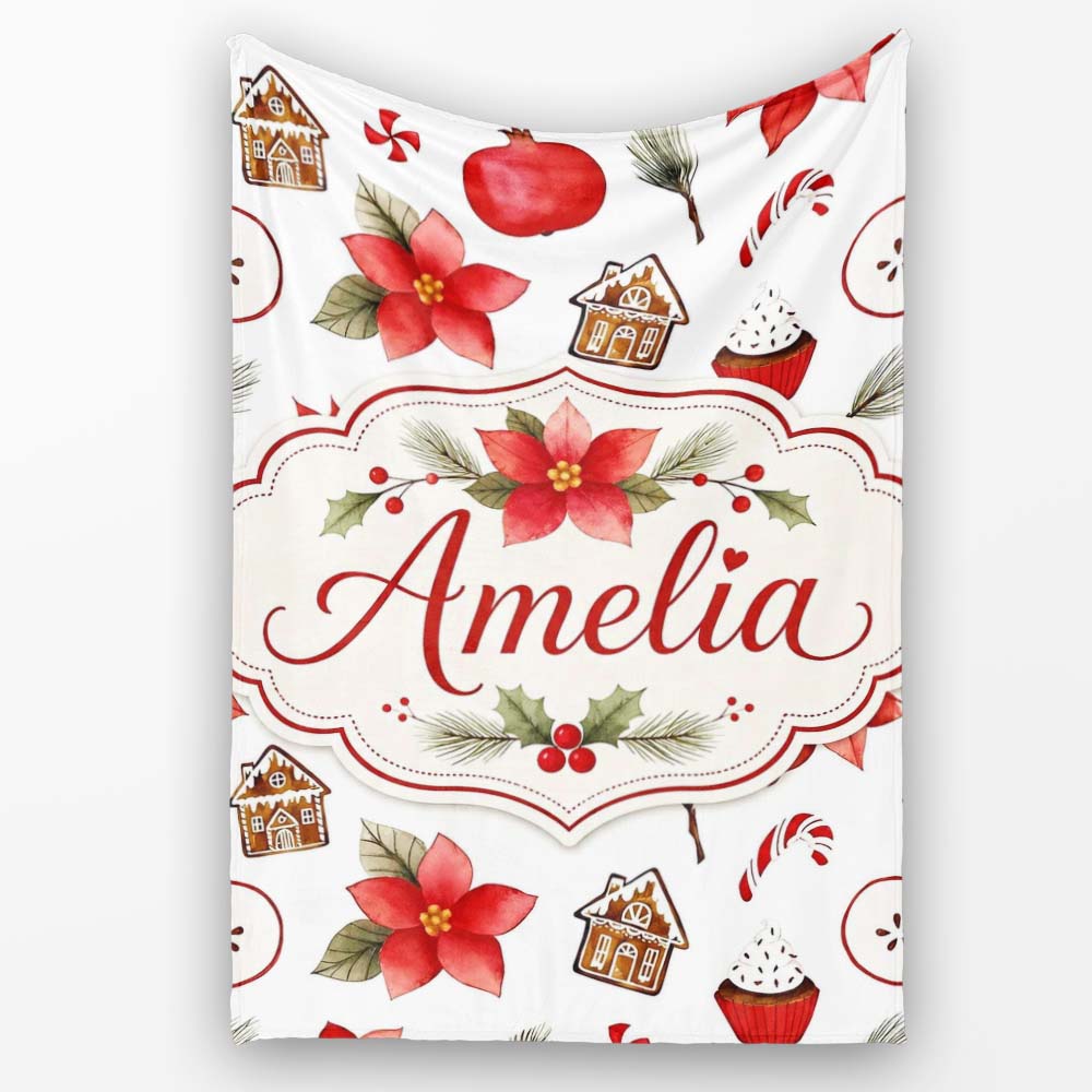 Poinsettia Flower Pomegranate Holiday Treats Seamless Pattern Lovely Personalised Custom Name Super Soft Fleece Blanket Bed Sofa Throw