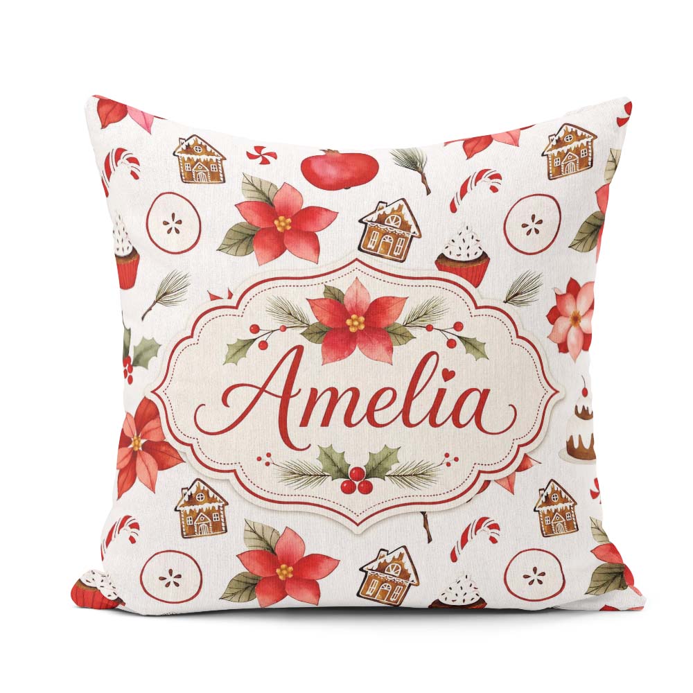 Custom Name Poinsettia Flower Pomegranate Holiday Treats Pattern Square Filled Cushion Throw Pillow Sofa Bed Home Decor Zip Washable UK Made