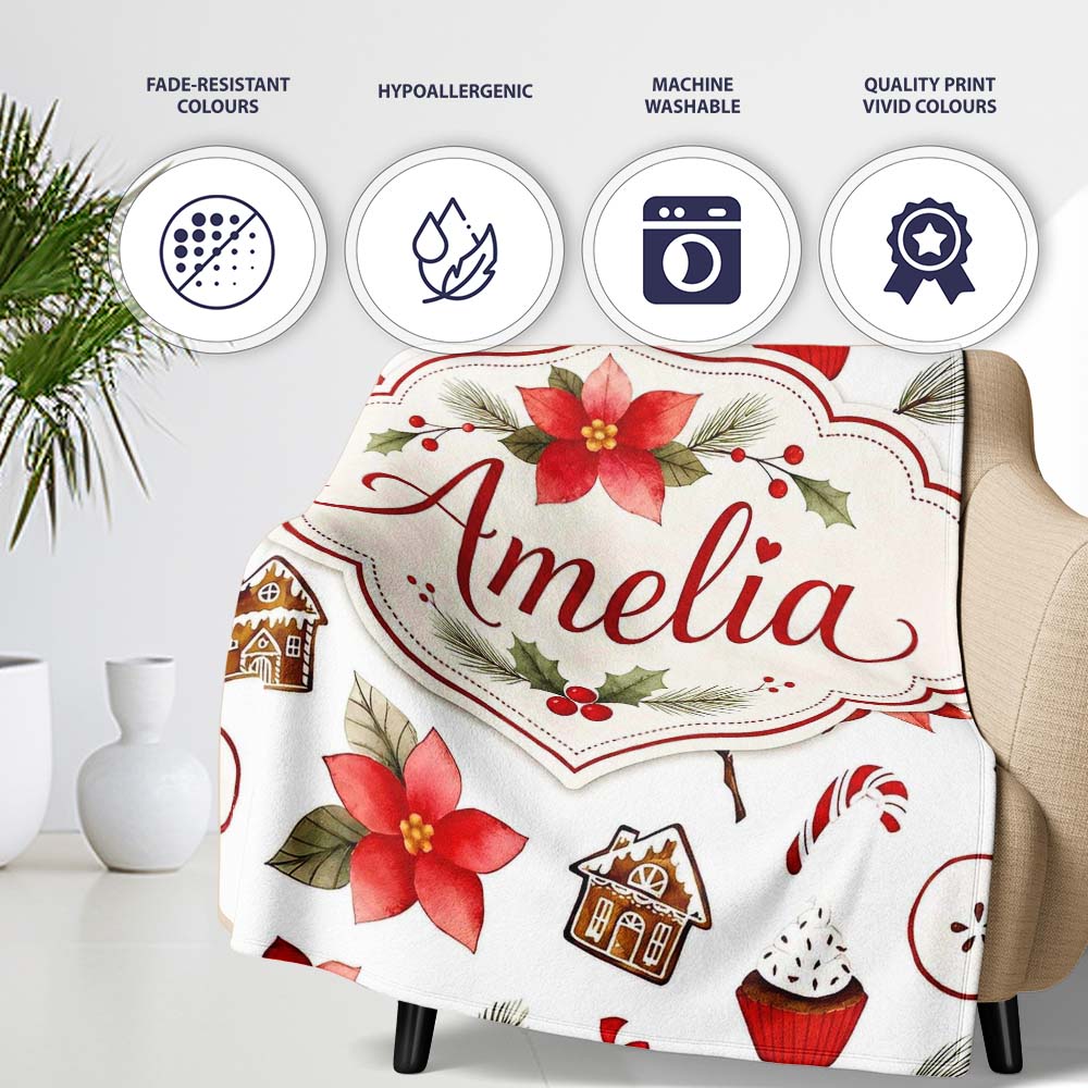 Poinsettia Flower Pomegranate Holiday Treats Seamless Pattern Lovely Personalised Custom Name Super Soft Fleece Blanket Bed Sofa Throw