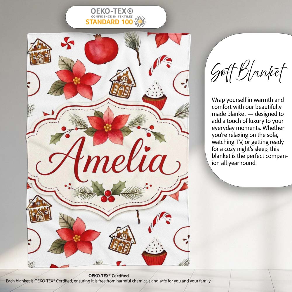 Poinsettia Flower Pomegranate Holiday Treats Seamless Pattern Lovely Personalised Custom Name Super Soft Fleece Blanket Bed Sofa Throw