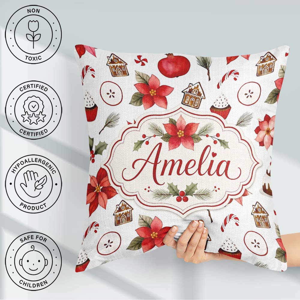 Custom Name Poinsettia Flower Pomegranate Holiday Treats Pattern Square Filled Cushion Throw Pillow Sofa Bed Home Decor Zip Washable UK Made