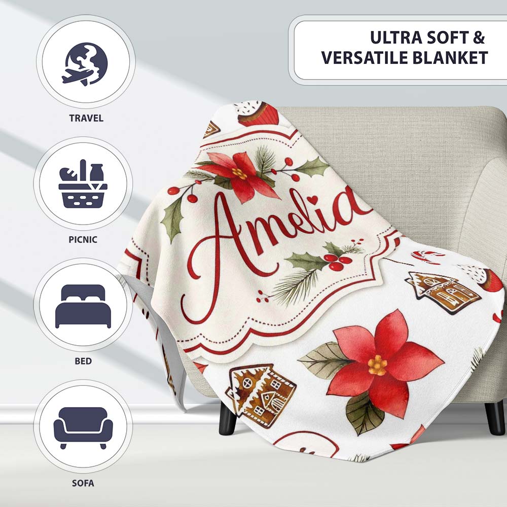 Poinsettia Flower Pomegranate Holiday Treats Seamless Pattern Lovely Personalised Custom Name Super Soft Fleece Blanket Bed Sofa Throw