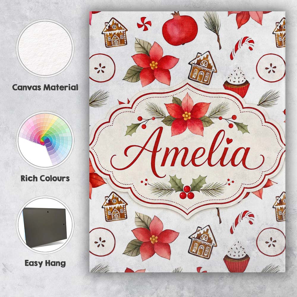 Personalised Name Poinsettia Flower Pomegranate Holiday Treats Premium Decorative Design Canvas Wall Art Print Decor Picture Ready to Hang